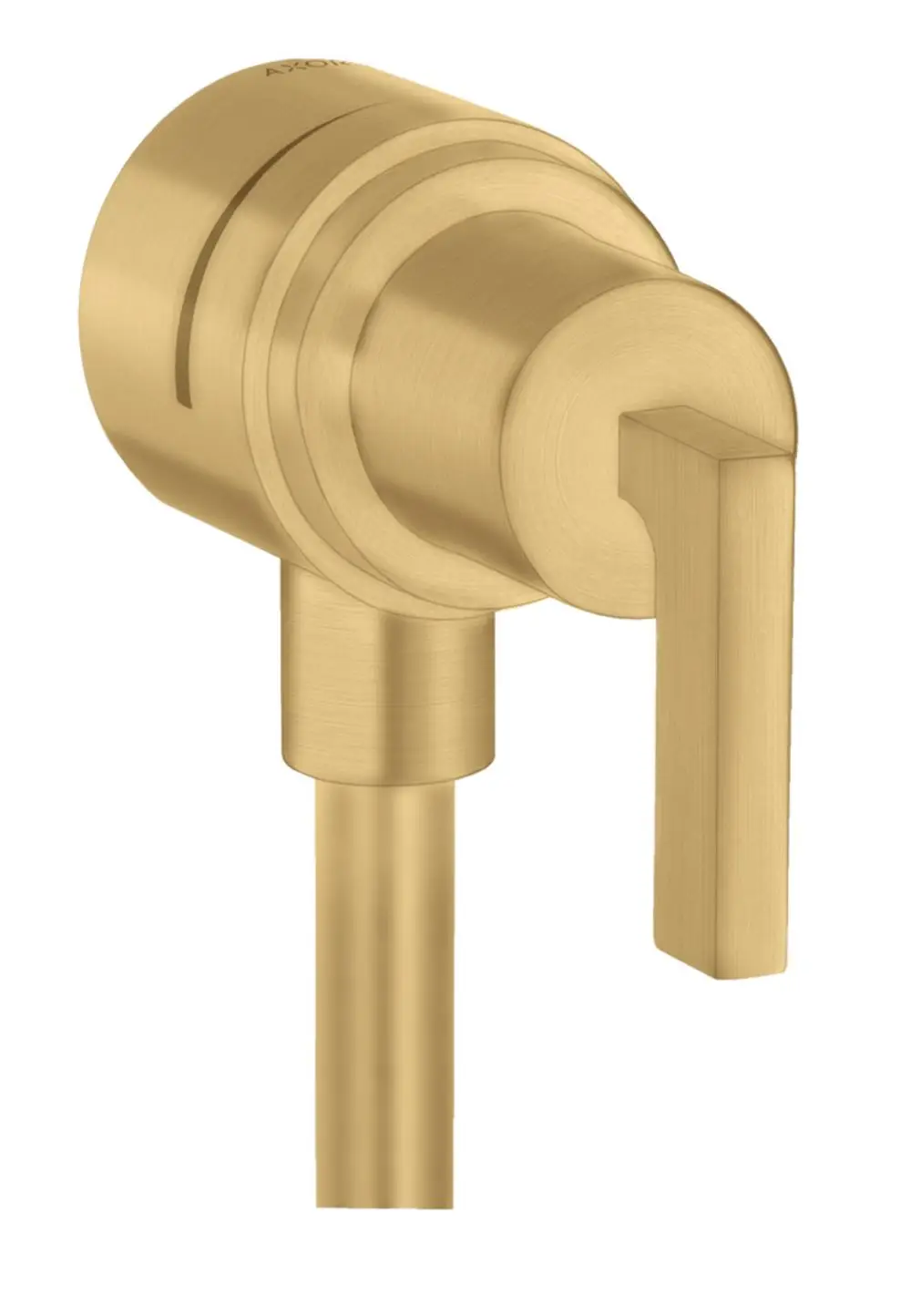 AXOR Wandanschluss Stop mit Hebelgriff in brushed gold Optik. Integrierter Rückflussverhinderer und Absperrventil. Design für moderne Badezimmeranwendungen.